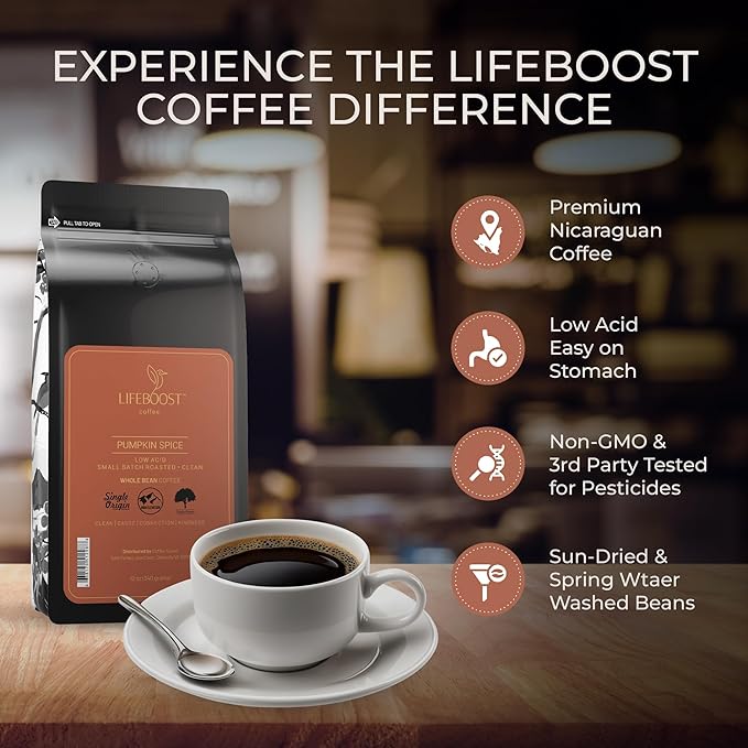Lifeboost Pumpkin Spice Coffee Whole Bean ??Organic, Low Acid, Non-GMO - Cozy Fall Time Blend ??Single Origin Medium Roast, Mycotoxin-Free Flavored Coffee, 12 oz