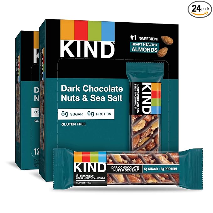 KIND Nut Bars, Dark Chocolate Nuts and Sea Salt, Healthy Snacks, Gluten Free, Low Sugar, 6g Protein, 24 Count