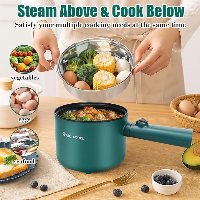 Electric Hot Pot with Steamer, 1.8L Ramen Cooker, Portable Cooking Pot Non-Stick Saut챕 Pan, Electric Pot for Pasta, Egg, Steak, BPA Free,Dual Power Control, Suit Dorm Room, Travel,RV,Hotel
