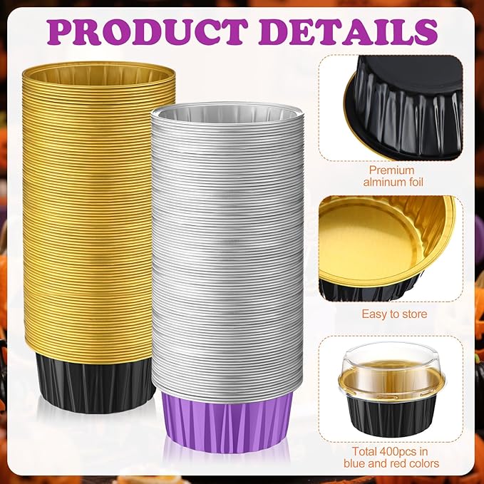 Gejoy 400 Pcs Aluminum Foil Baking Cups with Lids 5 oz Disposable Ramekins Mini Cake Pans Creme Brulee Cupcake Liners Muffin Tins Flan Mold Dessert Container for Wedding(Purple,Black,Classic)