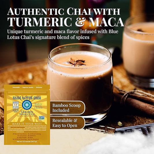 Blue Lotus Chai - Golden Masala Flavor Chai - Makes 17 Cups - 0.5 Ounce Masala Spiced Chai Powder