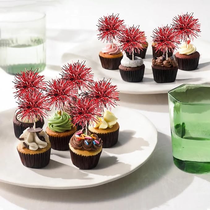 40 PCS Foil Firework Cupcake Toppers Sparkle Tinsel Cupcakae Picks Sparkler Fireworks Party Decorations Cocktail Fruit Toothpick for Birthday Wedding Graduation Party Decorations Supplies Red