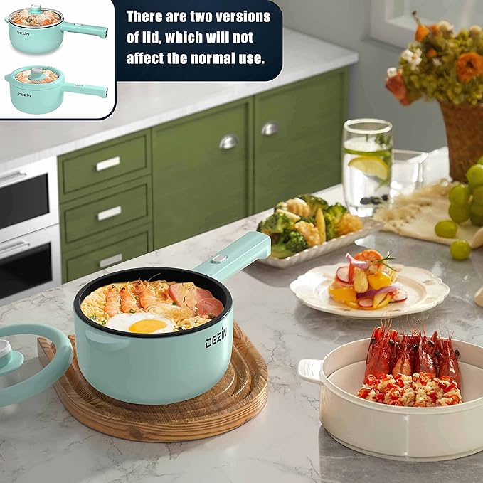 Dezin Electric Cooker, 2L Non-Stick Saut챕 Pan, Rapid Noodles Mini Pot for Steak, Egg, Fried Rice, Ramen, Oatmeal, Soup with Power Adjustment, College Dorm Room Essential