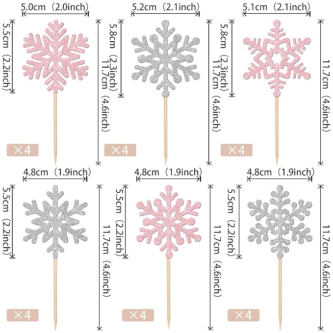 24 PCS Snowflake Cupcake Toppers Glitter Frozen Snowflake Cupcake Picks Winter Wonderland Cake Decorations for Winter Frozen Theme Baby Shower Kids Birthday Christmas Party Supplies Silver Pink