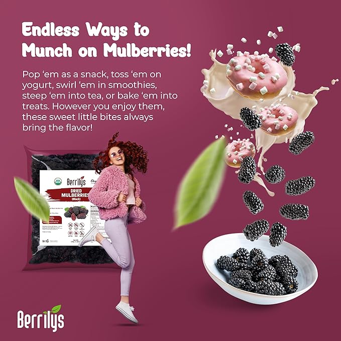 Dried Mulberries, Black, Organic, Berrilys, 3 LB, Dried Mulberry, Non-GMO, Unsulfured, Raw, Healthy Snacking, Great Ingredient for Baking Purposes, Vegan, Natural
