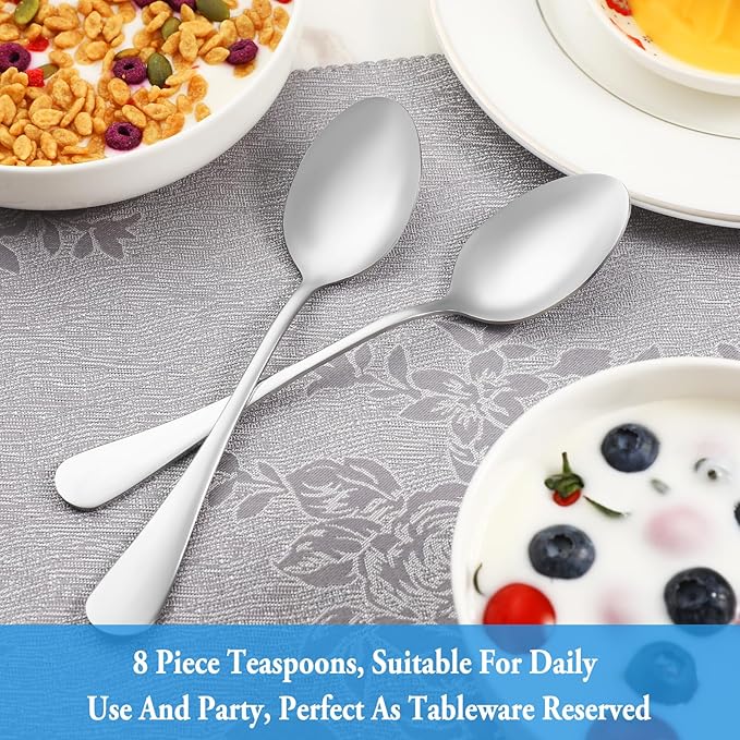 8 Pcs Teaspoons Set, Food Grade Stainless Steel Tea Spoons, Durable Small Spoons, Metal Dessert Spoon, Spoon Silverware for Home, Kitchen or Restaurant, Mirror Polished & Dishwasher Safe, 6.7-Inch