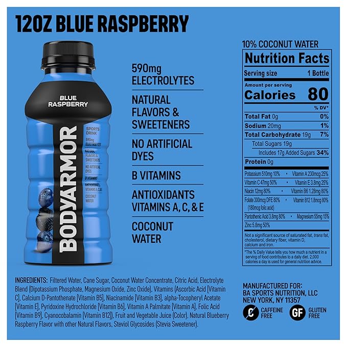 BODYARMOR Sports Drink Variety Pack, Coconut Water Hydration, Natural Flavors w Vitamins, Potassium Packed Electrolytes For Athletes, Strawberry Banana, Blue Raspberry, Orange Mango, 12 Oz - 24 pack