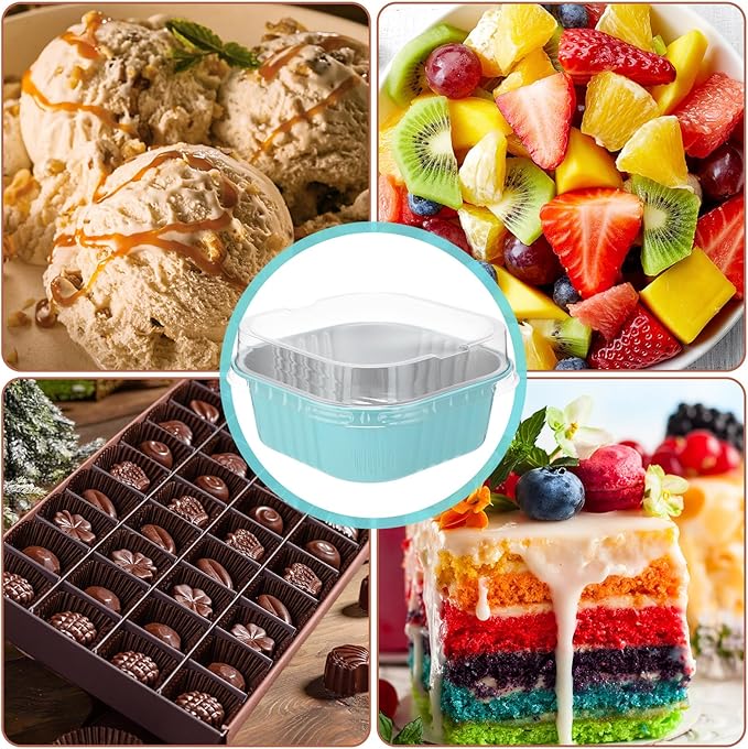 Aoriher 150 Pieces 10 oz Mini Cake Pans with Lids Aluminum Foil Baking Cups Square Disposable 4" x 4" Large Cupcake Cups Baking Tins for Kitchen Brownie Pudding Desserts Holders(Colored)