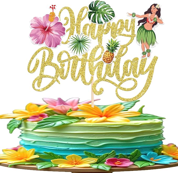 Rsstarxi 1 Pack Hawaii Luau Birthday Cake Topper Tropical Hula Aloha Turtle Leaves Birthday Cake Pick for Summer Hawaiian Tropical Theme Baby Shower Party Cake Decorations Supplies