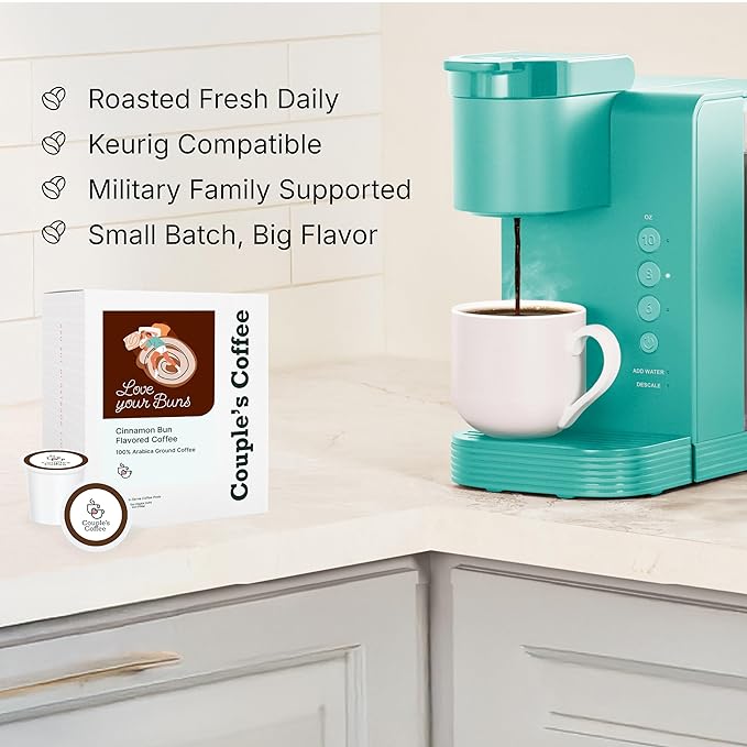 Couple's Coffee K-Cups | Cinnabon Flavored Coffee | Gives Back to Military Families | Love your Buns | Gourmet Ground Coffee with Cinnamon Bun Flavors | Compatible with K-Cups & Single Serve Brewers | 24 Count