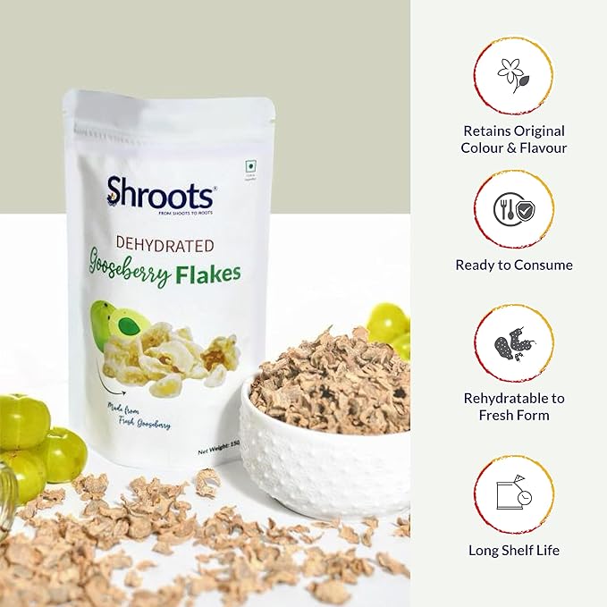SHROOTS Dehydrated Gooseberry (Amla) Flakes Pure Vegetarian Gluten-Free No Added Sugar Easy Cooking Essential Machine Dried Vegetables with Natural Aroma Ideal for Everyday Meals 5.29 oz, Pack of 1