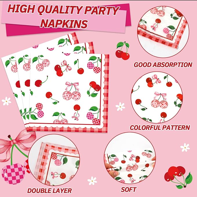 96Pcs Cherries Theme Plates and Napkins Pink Bow Cherry Birthday Party Decoration Disco Ball Disposable Dessert Cake Plates Cherries Paper Dinner Tableware for 24 Guests Girls Boys Kids Party Supplies