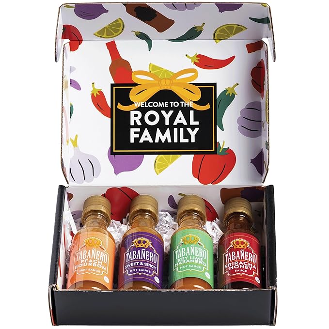 Taba챰ero Variety Hot Sauce Gift Set, 4 Pack, Kit Includes Peach Bourbon, Sriracha Honey, Key Lime Habanero, Sweet & Spicy, 1.7 oz Mini Glass Bottles, All Natural, Gluten Free, Low Sodium, Vegan, Kosher, Made in the USA