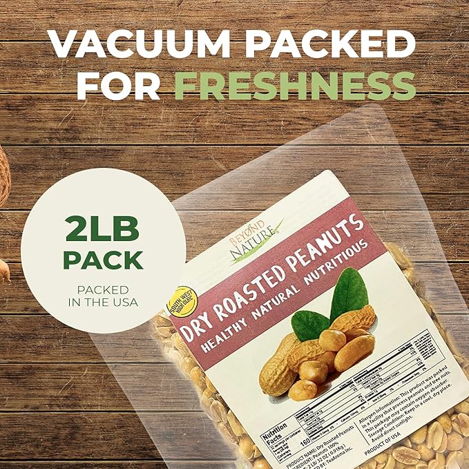 Beyond Nature Dry Roasted Peanuts ??Unsalted 2 Pound (32 oz) Vacuum Sealed Non GMO, No Oil & No Salt, Low Carb, Keto Friendly & Vegan Snack