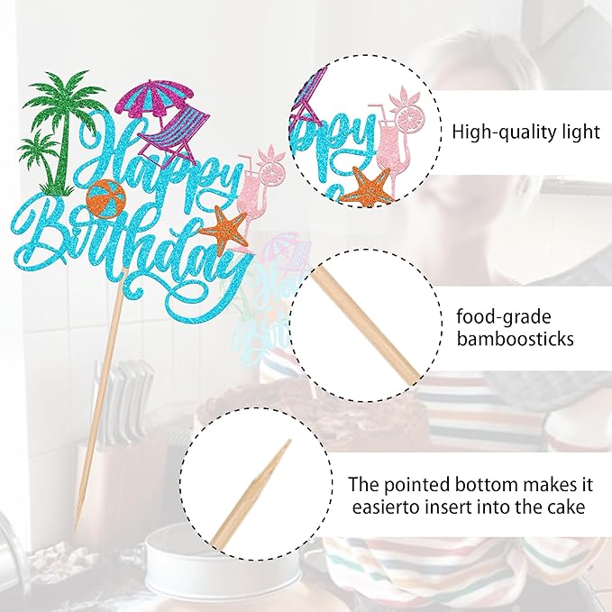 Rsstarxi 1 Pack Summer Beach Happy Birthday Cake Topper Pool Birthday Cake Decorations Chair Ball Cupcake Picks for Hawaiian Holiday Baby Shower Party Decorations Blue