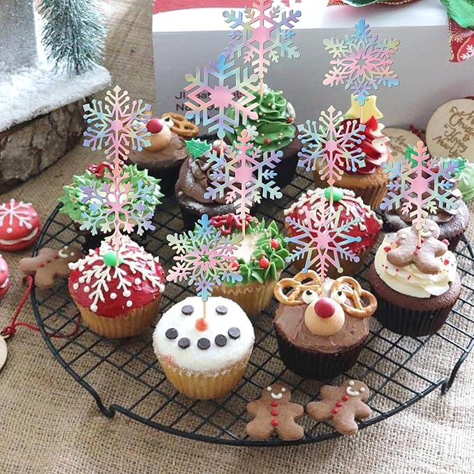 36 PCS Snowflake Cupcake Toppers Glitter Winter Frozen Snowflake Cupcake Picks for Winter Wonderland Baby Shower Kids Birthday Christmas Party Cake Decorations Supplies Colorful Silver
