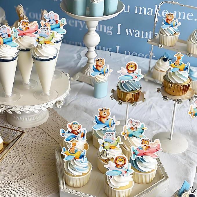 40Pcs Edible Airplane Cupcake Toppers Wafer Paper Animal Birthday Decorations Cupcake Toppers for Kids Boys Girls Cute Animal Theme Baby Shower Kids Boys Party Decorations