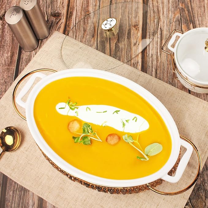 10" x 7" Ceramic Oval Casserole Dish with Glass Lid and Gold rack, 30 Ounce White Serving Soup Tureen,Chafing Dish for Buffet, Family Food preserve Tray, Catering Casserole for Party Style