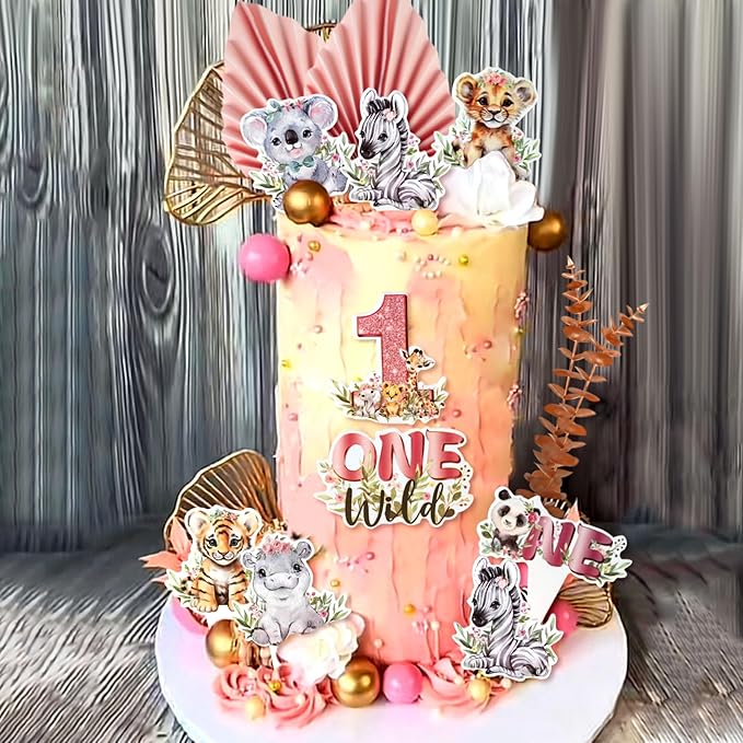 40PCS Wild One Cake Topper 1st Birthday Party for Girl Safari Animal Cake Decorations Wild One First Birthday Party Jungle Cake Toppers Zoo Animal Baby Shower