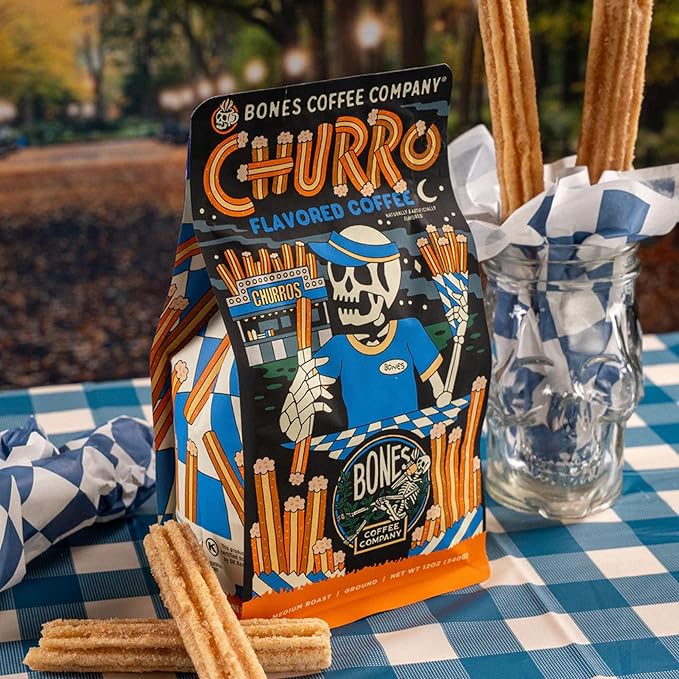 Bones Coffee Company Churro, Sweet Sugary Cinnamon Flavored Coffee, Medium Roast Low Acid Arabica Beans Compatible with Auto drip and French Press Coffee Maker, 12 Oz Whole Bean