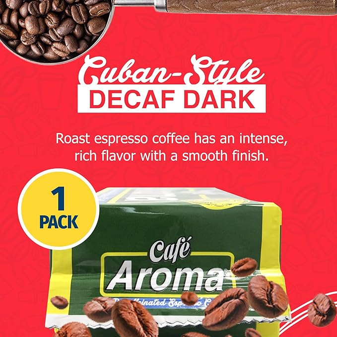 Café Aroma Decaf Dark Roast Espresso Ground Coffee, Authentic Cuban Style Coffee, Vacuum Sealed, 8.8oz, Perfect for Hot and Iced Coffee, 1-Pack