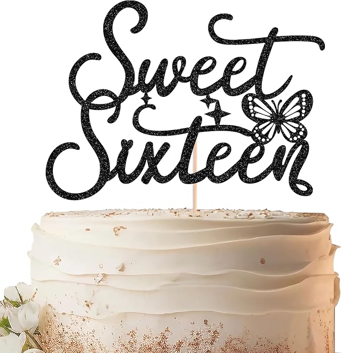 Sweet Sixteen Cake Topper - Black Glitter Butterfly Theme Sweet 16 Birthday Cake Decorating Supplies for Girls, Sweet 16 Cake Topper for Happy 16th Birthday Party Supplies Photo Booth Props
