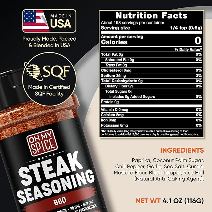 Steak Seasoning BBQ Rub Mix - Gluten Free & Low Sodium Meat Seasonings for Beef, Rib & Ribeye. Steak Seasoning for Grilling. BBQ Seasonings for Cooking. Steaks Salt Blend. Smoking Steaks Rubs. 4.1oz