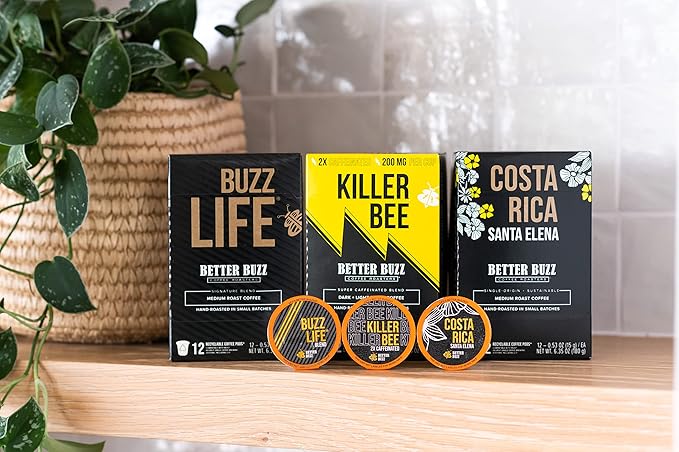 Better Buzz Killer Bee Super Caffeinated Dark Roast Light Roast Blend 12ct., California Solar Energy Produced Recyclable Coffee Pods, Small Batch Roasted Coffee, K-Cup Compatible, Life's Better Buzzed