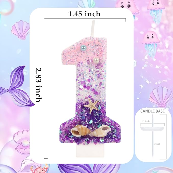 Purple Mermaid Party Number 1 Cake Candles, 2.76 inch Birthday Candle, Cake Topper Decoration for Birthday Party (Number 1)