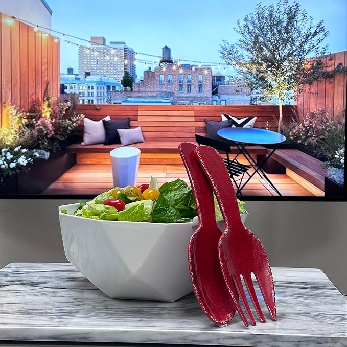 UPware Crackle Melamine Salad Servers, Serving Utensil Set, Includes Serving Fork and Spoon for Tossing Salad, Pasta, Red, 10.75 Inch, Set of 2
