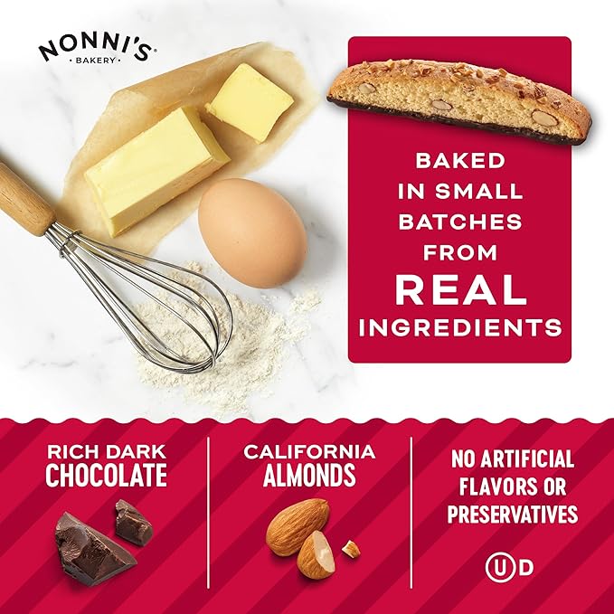Nonni's Cioccolati Dark Chocolate Almond Biscotti Cookies ??Individually Wrapped Italian Coffee Snack, Crunchy Twice-Baked, 90 Cal Each, 21.5 oz Carton