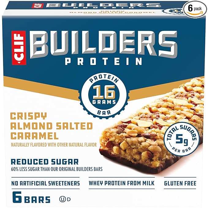 CLIF BUILDERS Protein Bars - Crispy Almond Salted Caramel - Reduced Sugar - Gluten Free - 16g Protein - No Artificial Sweeteners - 1.97 oz. (6 Pack)