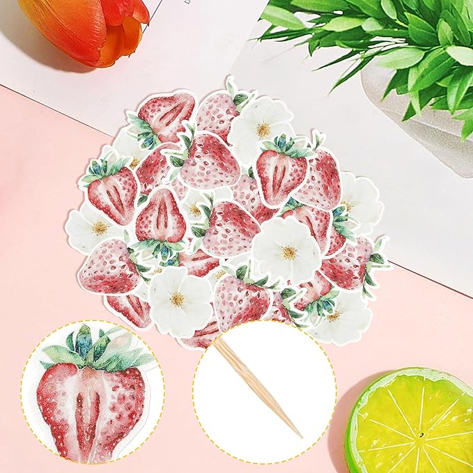 60 Pack Edible Sweet Strawberry Cupcake Toppers First Birthday Strawberry Cake Toppers Rice Paper Wafer Paper Cake Picks for Fruit Baby Shower 1st Birthday Berry Sweet Kids Cake Decorations Pink