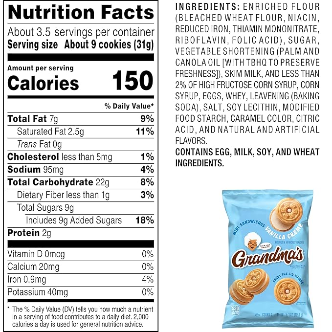Grandma?™s Mini Cookies, Vanilla Sandwich Crème Cookies, 3.71 oz Cookie Bag, (24 Pack) (Packaging May Vary)
