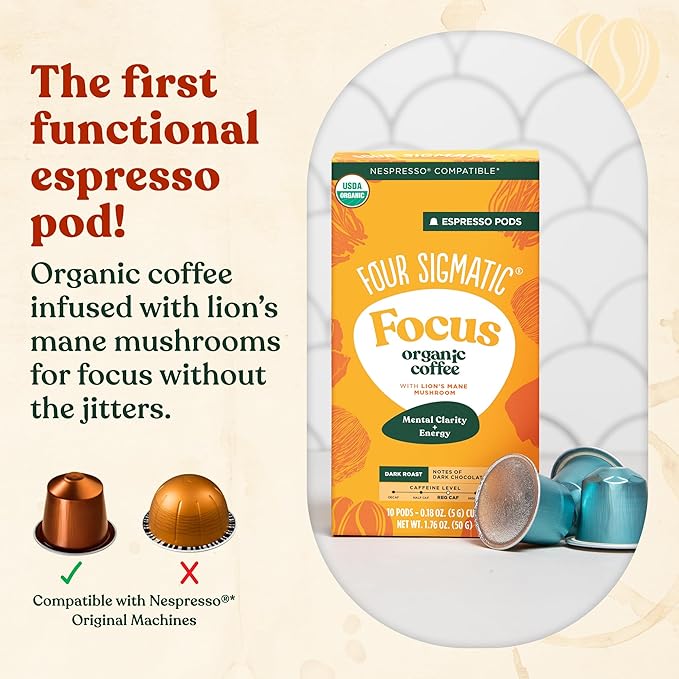 Four Sigmatic Focus Coffee Pods Compatible with Nespresso Original | Organic Dark Roast Espresso with Added Focus | Mushroom Coffee Enhanced with Lion's Mane | Original Dark Roast 10ct