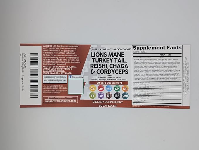 Clean Nutraceuticals Lions Mane 20in1 Mushroom Supplement with Turkey Tail Reishi Cordyceps Chaga Maitake Meshima Poria Cocos Shiitake Oyster Porcini Enoki - 1 Pack