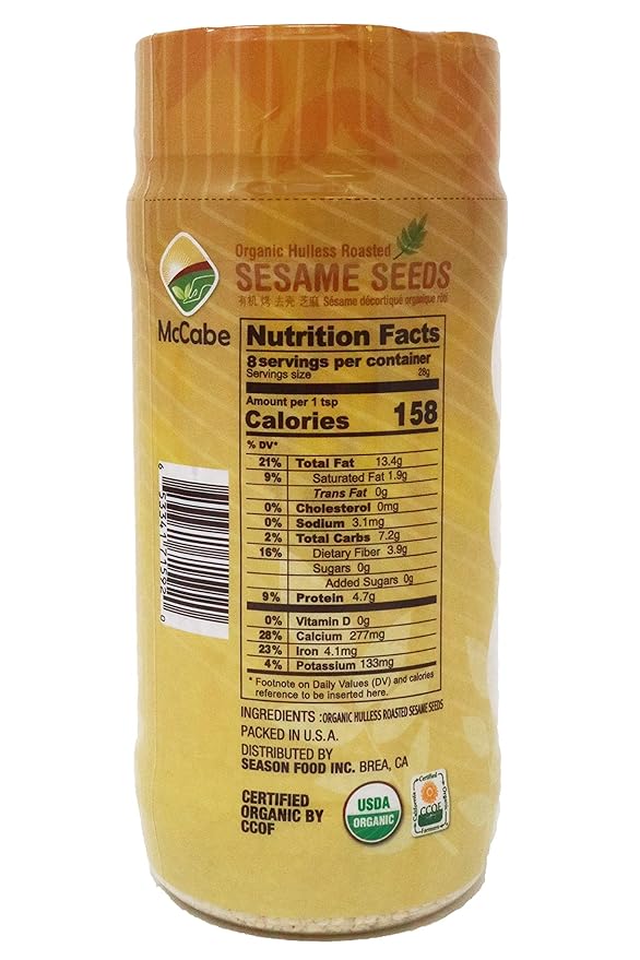 McCabe Organic Hulless Roasted Sesame - Rich with Fiber & Minerals | USDA and CCOF Certified | Packed in USA | 8oz