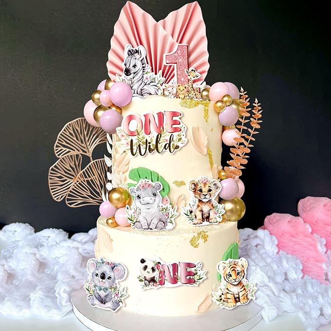 40PCS Wild One Cake Topper 1st Birthday Party for Girl Safari Animal Cake Decorations Wild One First Birthday Party Jungle Cake Toppers Zoo Animal Baby Shower