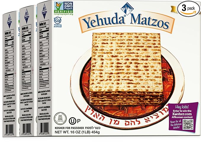 Yehuda Passover Matzo, 1lb (3 Pack) | Crisp & Airy Square Matzo Crackers | Just 2 Ingredients | Kosher for Passover