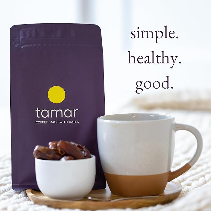 Tamar Date Coffee | Organic Ground Blend of Coffee & Whole Dates | Low Acid | Half Caffeine | Nutrient Rich | Boost of Energy | Medium Roast | 12oz bag