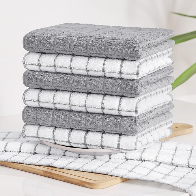 Homaxy Premium Cotton kitchen towels 16"x 28", Large Natural Ring Spun 390 GSM Dish Towels, Super Absorbent Terry Kitchen Hand Towels, Soft Tea Towel with Hanging Loop, Light Grey Check Design, 8 Pack