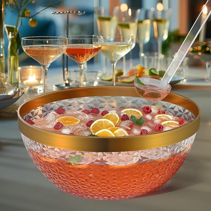 NiHome Plastic Punch Bowl with Ladle and Tong for Parties, Weddings, BBQs, 1.4 Gallon Gold Trim Clear Beverage Serving Bowl Complete Set for Cocktails, Salads, Snacks, Easy to Clean