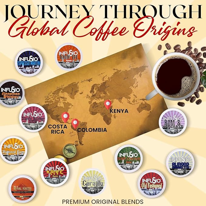 InfuSio Flavored Coffee Pods Variety Pack - 48 Count Flavored Medium Roast, 12 Curated Blends Inspired by Classic Cocktails, Compatible with Keurig K cups 2.0 Brewers