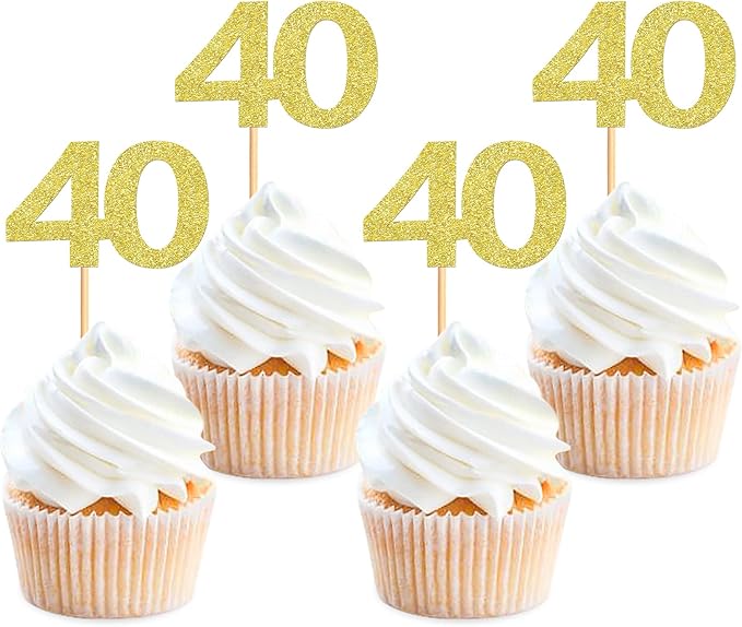 24PCS Gold Glitter 40th Birthday Cupcake Toppers Number 40 Birthday Celebrating Cake Decorations Supplies for Anniversary Party