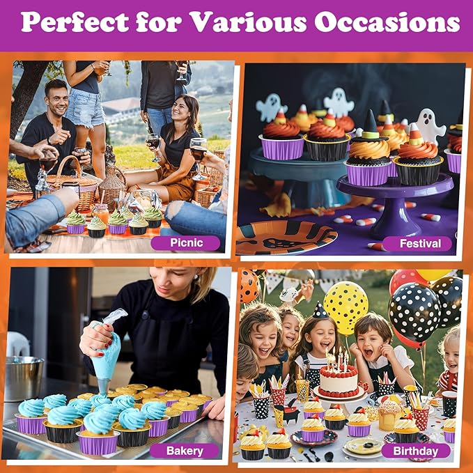 Gejoy 400 Pcs Aluminum Foil Baking Cups with Lids 5 oz Disposable Ramekins Mini Cake Pans Creme Brulee Cupcake Liners Muffin Tins Flan Mold Dessert Container for Wedding(Purple,Black,Classic)