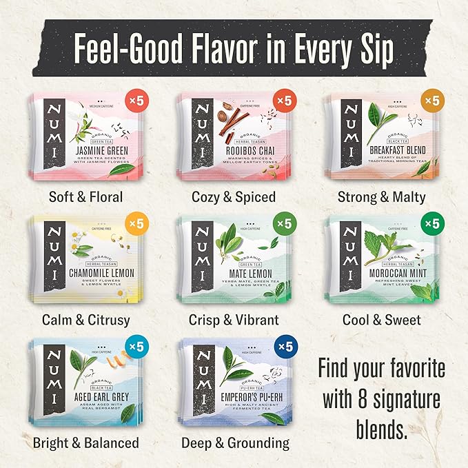 Numi Organic Tea By Mood Gift Set, 40 Tea Bag Assortment, Premium Organic Black, Pu-erh, Green, Mat챕, Rooibos & Herbal Teas