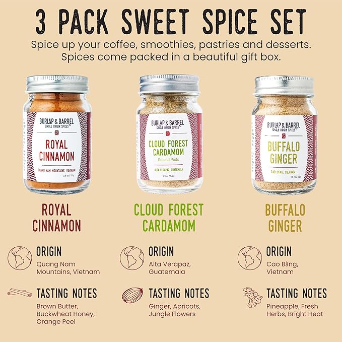Burlap & Barrel 3pk Sweet Spice Set - 3 Full Size Jars including Royal Cinnamon, Cloud Forest Cardamom, & Buffalo Ginger - As seen on Shark Tank - Birthday & Father's Day Gift Ideas