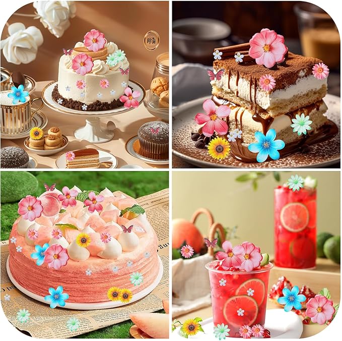 55Pcs Edible Flower Butterfly Cake Topper, Mixed Size & Colour Wafer Paper Cupcake Toppers, Wedding Party Flowers Decoration for Cake, Birthday, Baby Shower Supplies