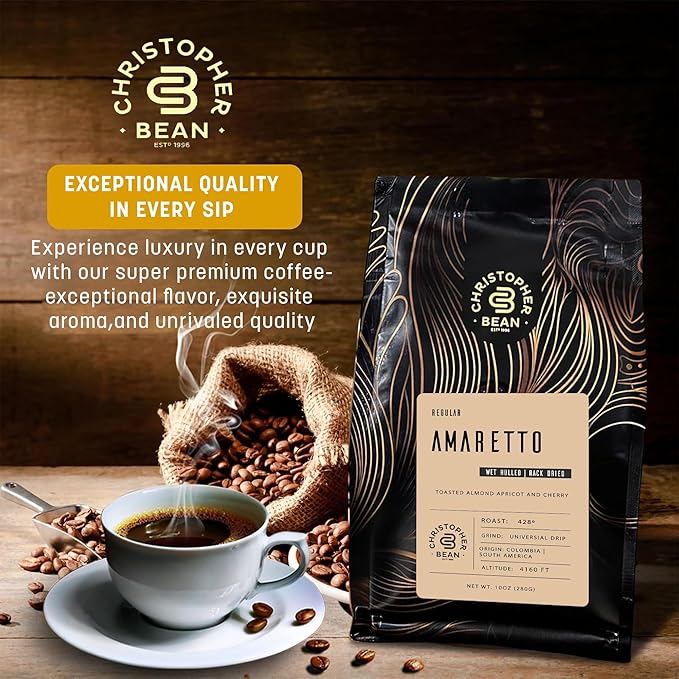 Christopher Bean Coffee - Certified Kosher - Regular Ground Universal Drip Amaretto Flavored Coffee, Relaxing after Dinner | Amaretto Flavored Medium Roast Coffee 100% Arabica, No Sugar, No Fats, Non-GMO | 10-Ounce