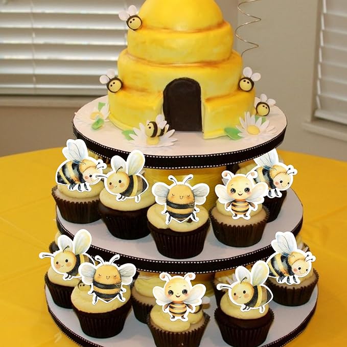 60 Pack Edible Bumble Bee Cake Topper Oh Babee Cupcake Picks Water Bumble Cake Decorations for Christmas Boy or Girl Baby Shower Kids Birthday Party Supplies